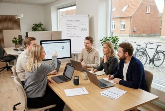 Skandinavisk team arbejder med webdesign og digitale dashboards på kontor i Vindeballe