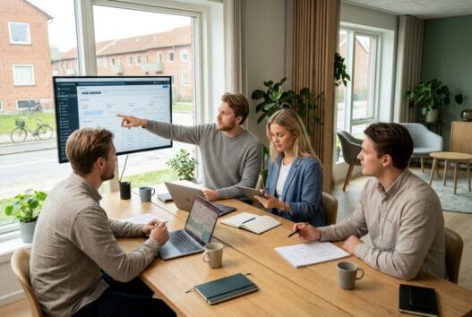 Moderne webbureau i Vindeby med dansk team, der arbejder ved computer og gennemgår digitale løsninger