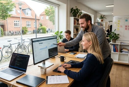 Dansk webteam arbejder ved computere i vinderød med digital markedsføring og webdesign
