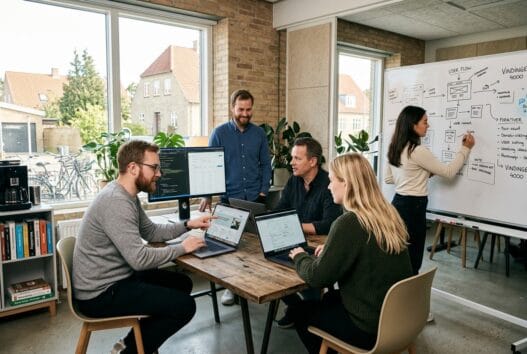 Moderne webbureau i Vindinge (4000) med dansk team ved computer i lyst kontormiljø