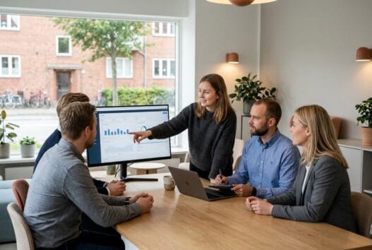Webbureau i Vindinge 5800 med dansk team ved computer og digitale dashboards i moderne kontor