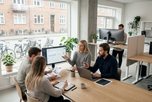 Moderne webbureau i Vinkel med team ved computer, der arbejder med digitale løsninger og data