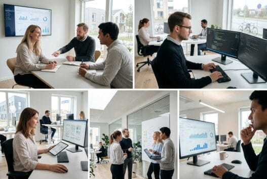 Team arbejder med webdesign og digital strategi på kontor i Vipperød