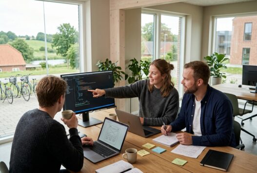 To kolleger arbejder med webdesign og data i et moderne kontor i Virklund