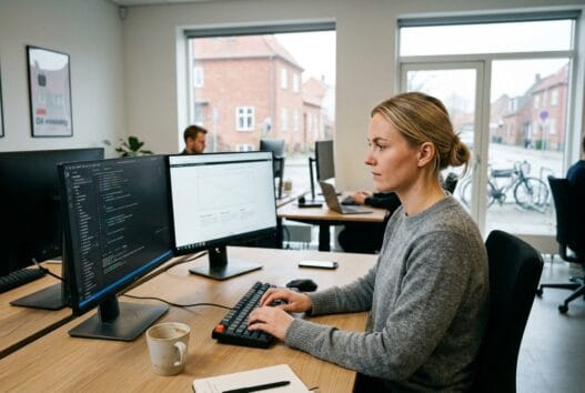 Dansk webbureau i Virring med team ved computerskærme og digitale dashboards i lyst kontor