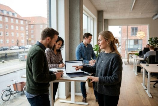 Moderne webbureau i visborg med dansk team foran dashboards og kode på skærmen