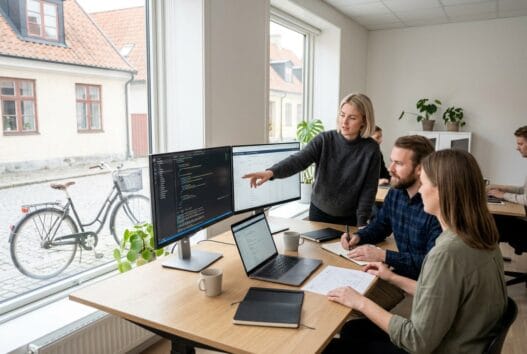 Dansk webbureau i visby med team ved computer og digitale dashboards i moderne kontormiljø