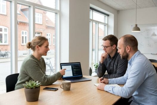 Skandinavisk webbureau i Vissenbjerg med team ved computere og digitale dashboards