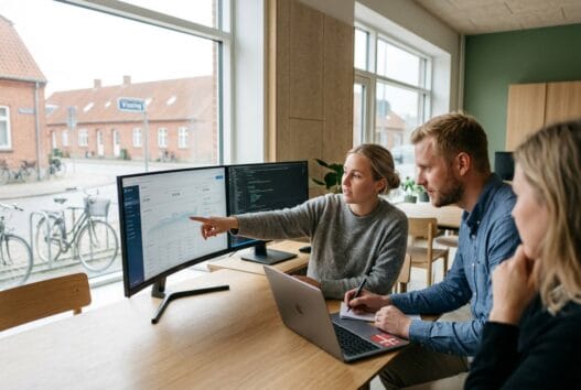 Moderne webbureau i Vissing med danske medarbejdere ved computer og dashboards