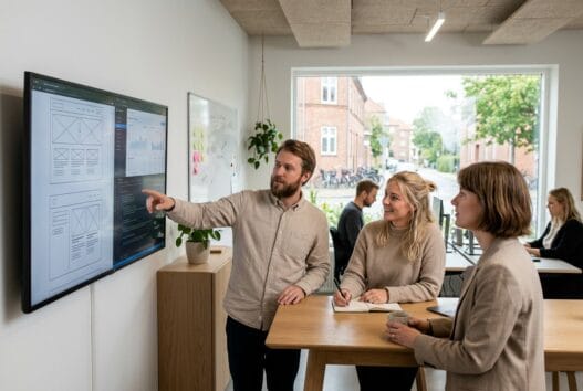 Moderne webbureau i vitten med skandinaviske medarbejdere foran dashboards og computerarbejde