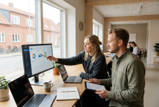 Dansk webbureau i Vodstrup med team ved computer, der arbejder med digitalt design og data