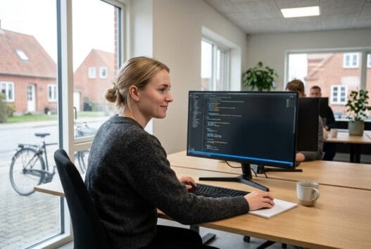 Skandinavisk team arbejder med webdesign og digitale dashboards på kontor i voel