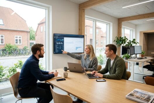 Skandinavisk webbureau i Voerladegaard med team ved computer og digitale dashboards