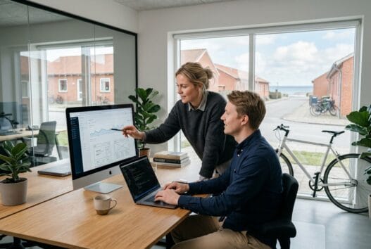 Moderne webbureau i voerså med dansk team, der arbejder ved computere i et lyst kontormiljø