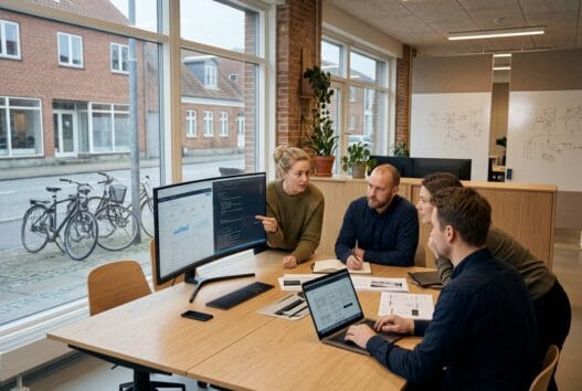 Moderne webbureau i Voervadsbro med dansk team ved computer og dashboards