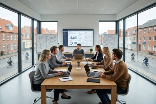 Skandinavisk webbureau i voldum med team ved computer og dashboards i moderne kontormiljø