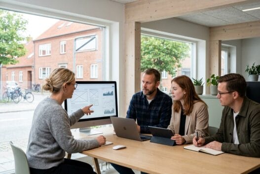 Skandinavisk team arbejder med webdesign og data på kontor i Vorbasse