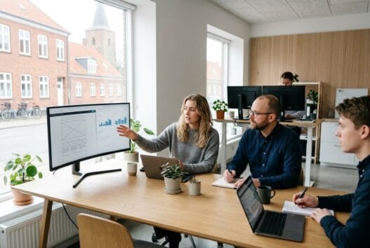 Dansk webbureau i Vordingborg med team ved computer, der arbejder med design og digitale løsninger