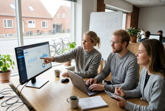 Dansk webbureau i Vorgod med team ved computer og digitale dashboards