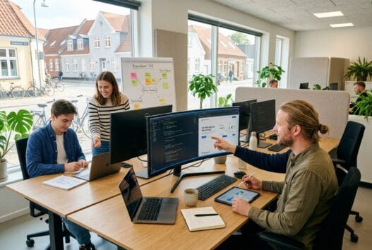 Dansk webbureau i Vrå med team ved computer, der arbejder med webdesign og digitale analyser