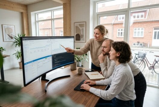 Dansk webbureau i vrads med team ved computere og digitale skærme i lyst kontor