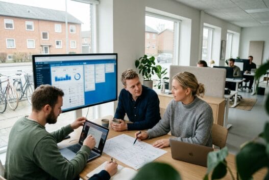 Skandinavisk webbureau i vridsloesemagle med team ved computer og digitale dashboards