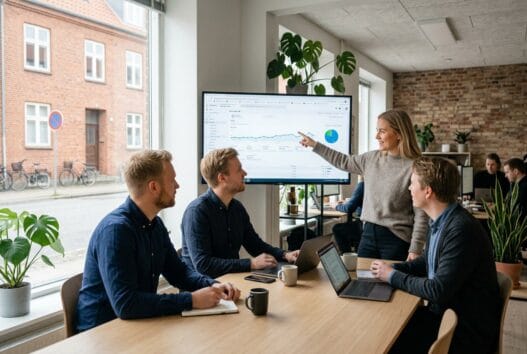 Dansk webbureau-team arbejder med digitale løsninger i et moderne kontor i Vridsted