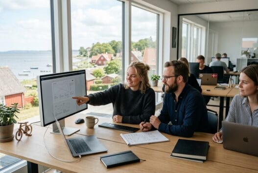 Moderne webbureau i vrinners med team ved computer og digitale dashboards