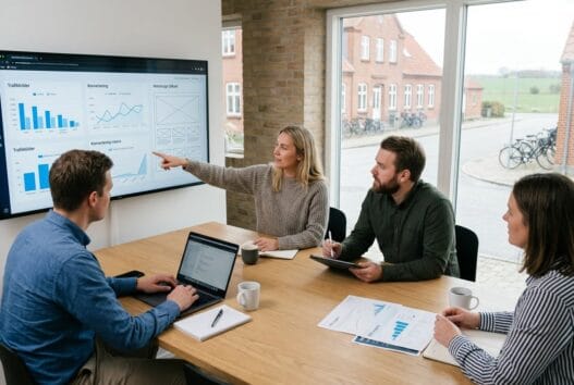 Moderne webbureau i Ydby med dansk team foran skærme og digitale dashboards