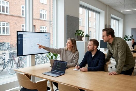 Dansk webbureau i yderby lyng med team foran skærme og digitale dashboards