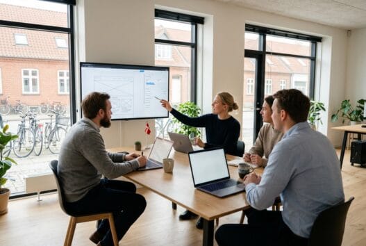 Dansk webbureau i yding med team foran skærme og digitale dashboards i moderne kontor